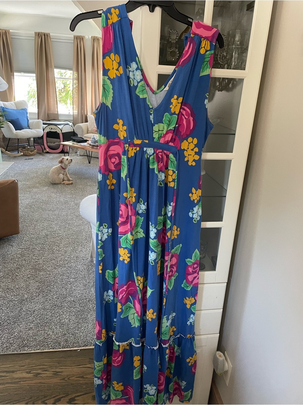 Blue Floral womens One-Piece Dress - Vibrant Pink & Yellow Flowers